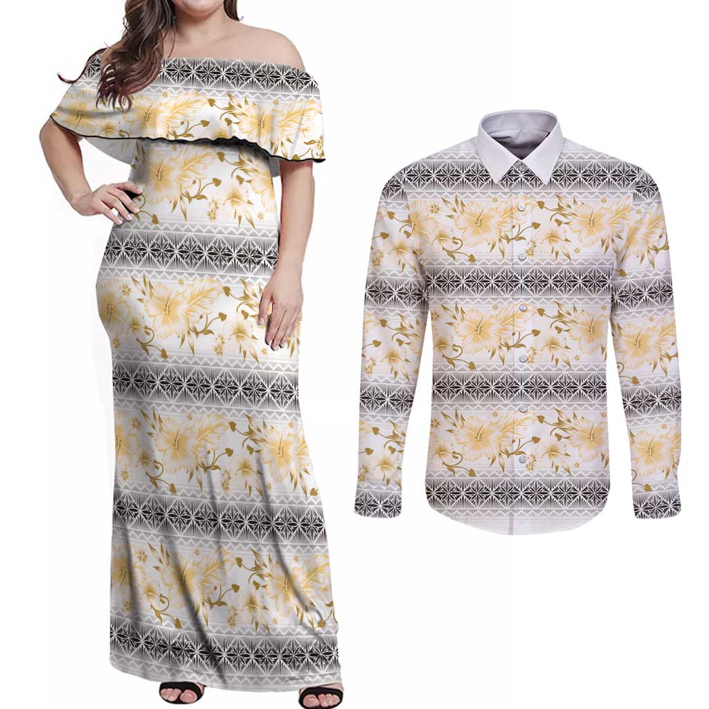 Samoa White Sunday Couples Matching Off Shoulder Maxi Dress and Long Sleeve Button Shirt Samoan Tapa Yellow Hibiscus - Polynesian Pride
