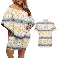 Samoa White Sunday Couples Matching Off Shoulder Short Dress and Hawaiian Shirt Samoan Tapa Yellow Hibiscus - Polynesian Pride