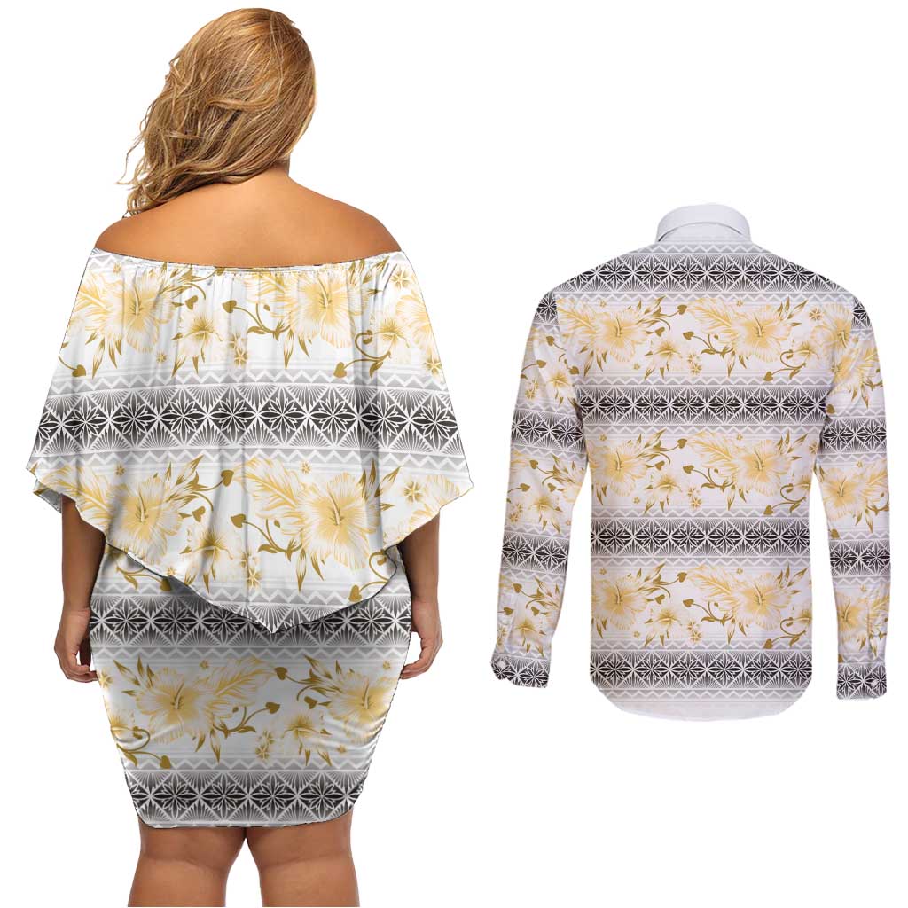 Samoa White Sunday Couples Matching Off Shoulder Short Dress and Long Sleeve Button Shirt Samoan Tapa Yellow Hibiscus - Polynesian Pride