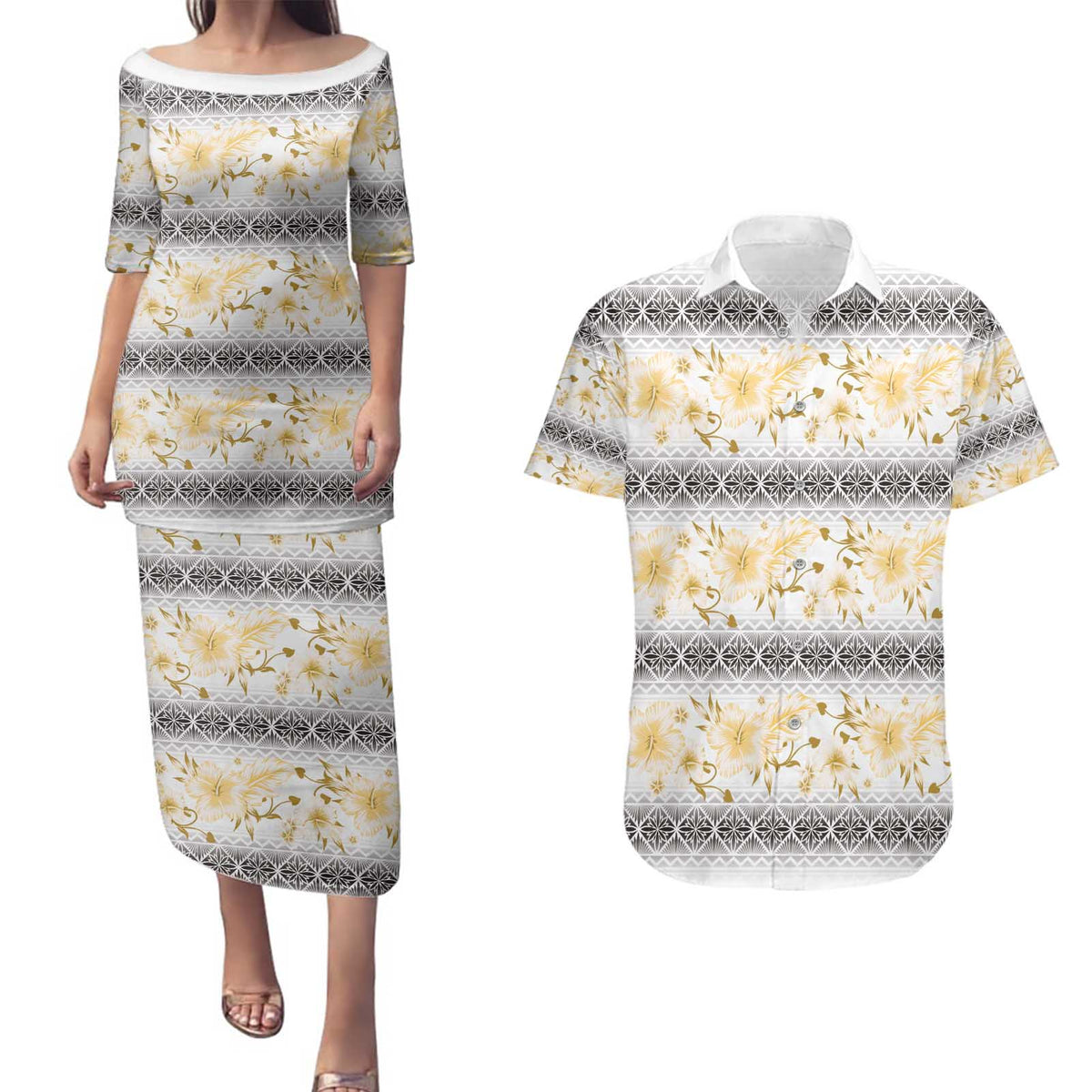 Samoa White Sunday Couples Matching Puletasi and Hawaiian Shirt Samoan Tapa Yellow Hibiscus - Polynesian Pride