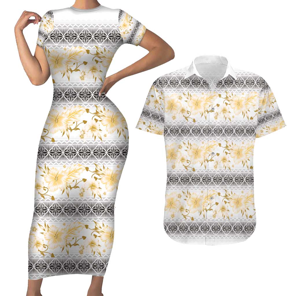 Samoa White Sunday Couples Matching Short Sleeve Bodycon Dress and Hawaiian Shirt Samoan Tapa Yellow Hibiscus - Polynesian Pride