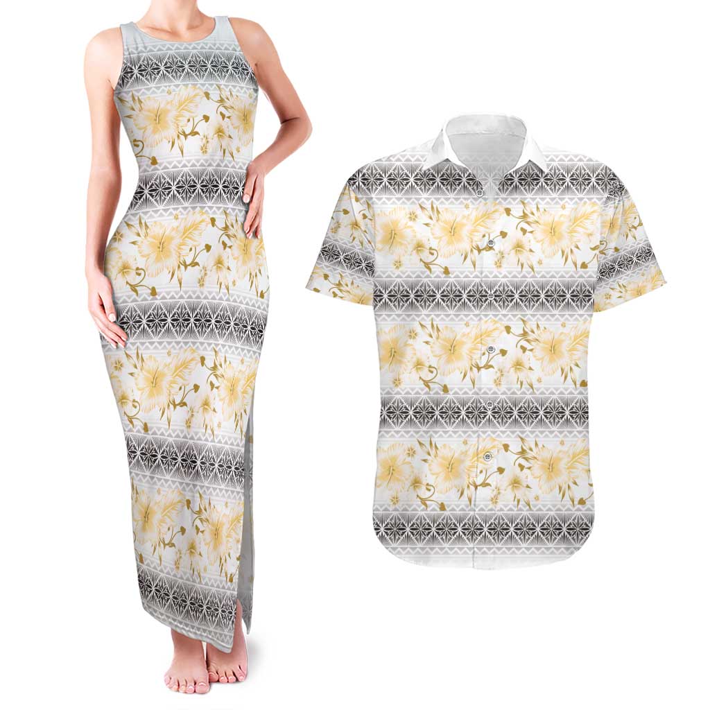 Samoa White Sunday Couples Matching Tank Maxi Dress and Hawaiian Shirt Samoan Tapa Yellow Hibiscus - Polynesian Pride