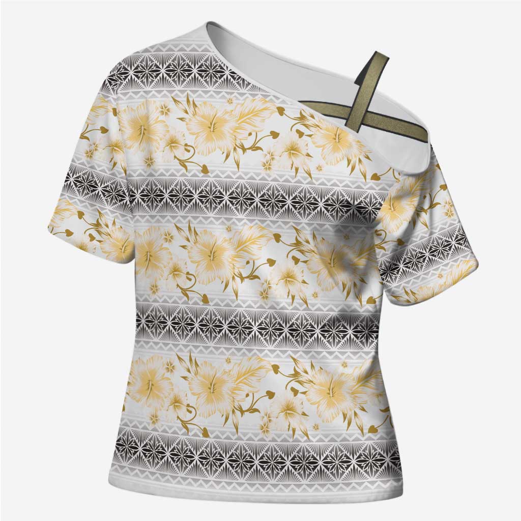 Samoa White Sunday Cross Shoulder Shirt Samoan Tapa Yellow Hibiscus - Polynesian Pride