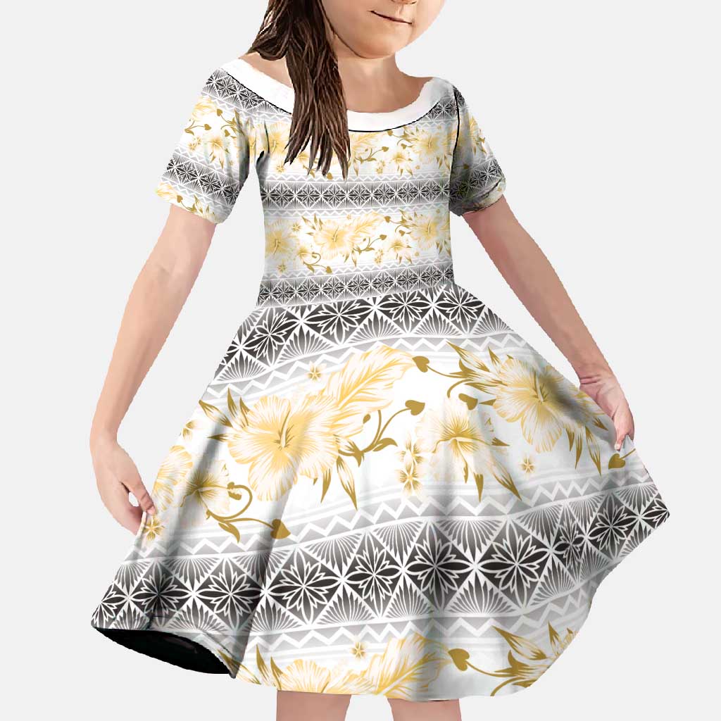 Samoa White Sunday Family Matching Long Sleeve Bodycon Dress and Hawaiian Shirt Samoan Tapa Yellow Hibiscus - Polynesian Pride