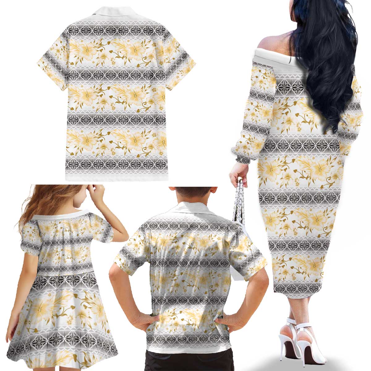 Samoa White Sunday Family Matching Off The Shoulder Long Sleeve Dress and Hawaiian Shirt Samoan Tapa Yellow Hibiscus - Polynesian Pride