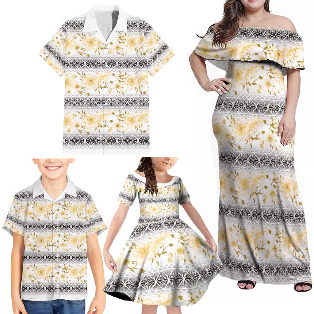 Samoa White Sunday Family Matching Off Shoulder Maxi Dress and Hawaiian Shirt Samoan Tapa Yellow Hibiscus - Polynesian Pride