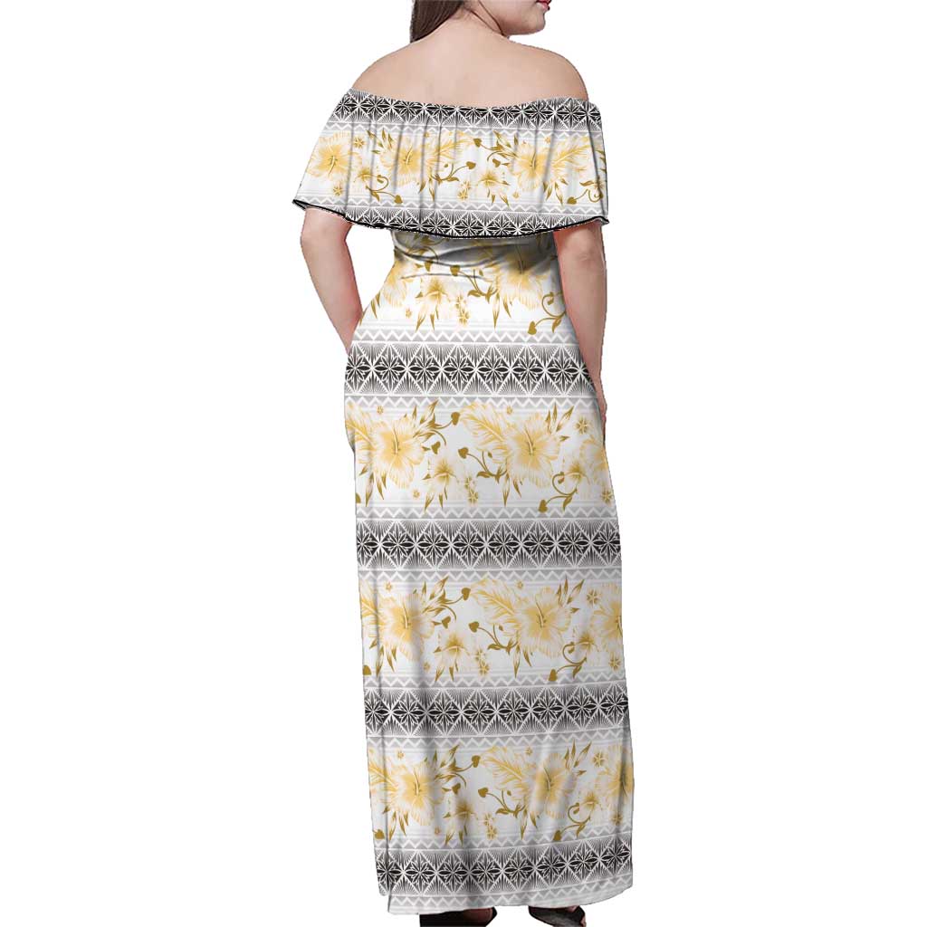 Samoa White Sunday Family Matching Off Shoulder Maxi Dress and Hawaiian Shirt Samoan Tapa Yellow Hibiscus - Polynesian Pride