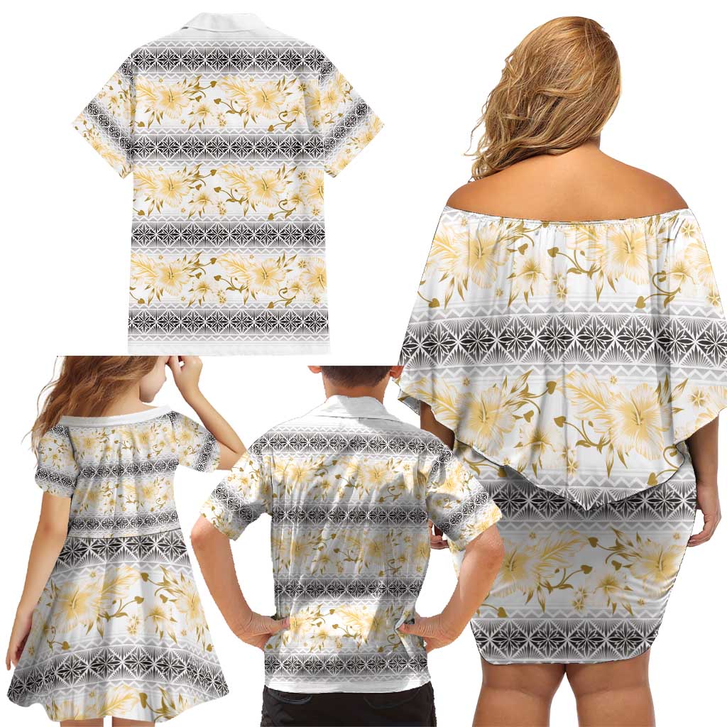 Samoa White Sunday Family Matching Off Shoulder Short Dress and Hawaiian Shirt Samoan Tapa Yellow Hibiscus - Polynesian Pride