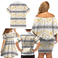 Samoa White Sunday Family Matching Off Shoulder Short Dress and Hawaiian Shirt Samoan Tapa Yellow Hibiscus - Polynesian Pride