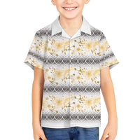 Samoa White Sunday Family Matching Off Shoulder Short Dress and Hawaiian Shirt Samoan Tapa Yellow Hibiscus - Polynesian Pride