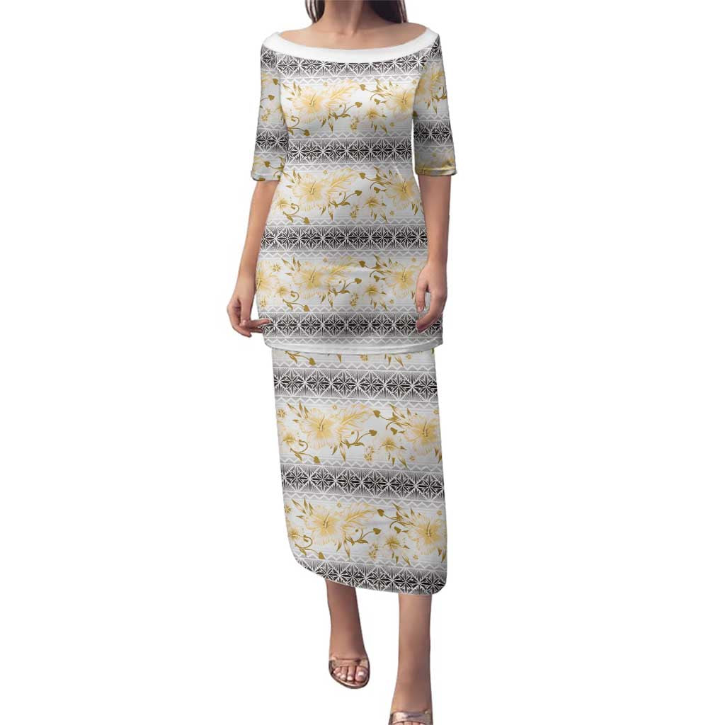 Samoa White Sunday Family Matching Puletasi and Hawaiian Shirt Samoan Tapa Yellow Hibiscus - Polynesian Pride