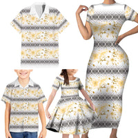 Samoa White Sunday Family Matching Short Sleeve Bodycon Dress and Hawaiian Shirt Samoan Tapa Yellow Hibiscus - Polynesian Pride