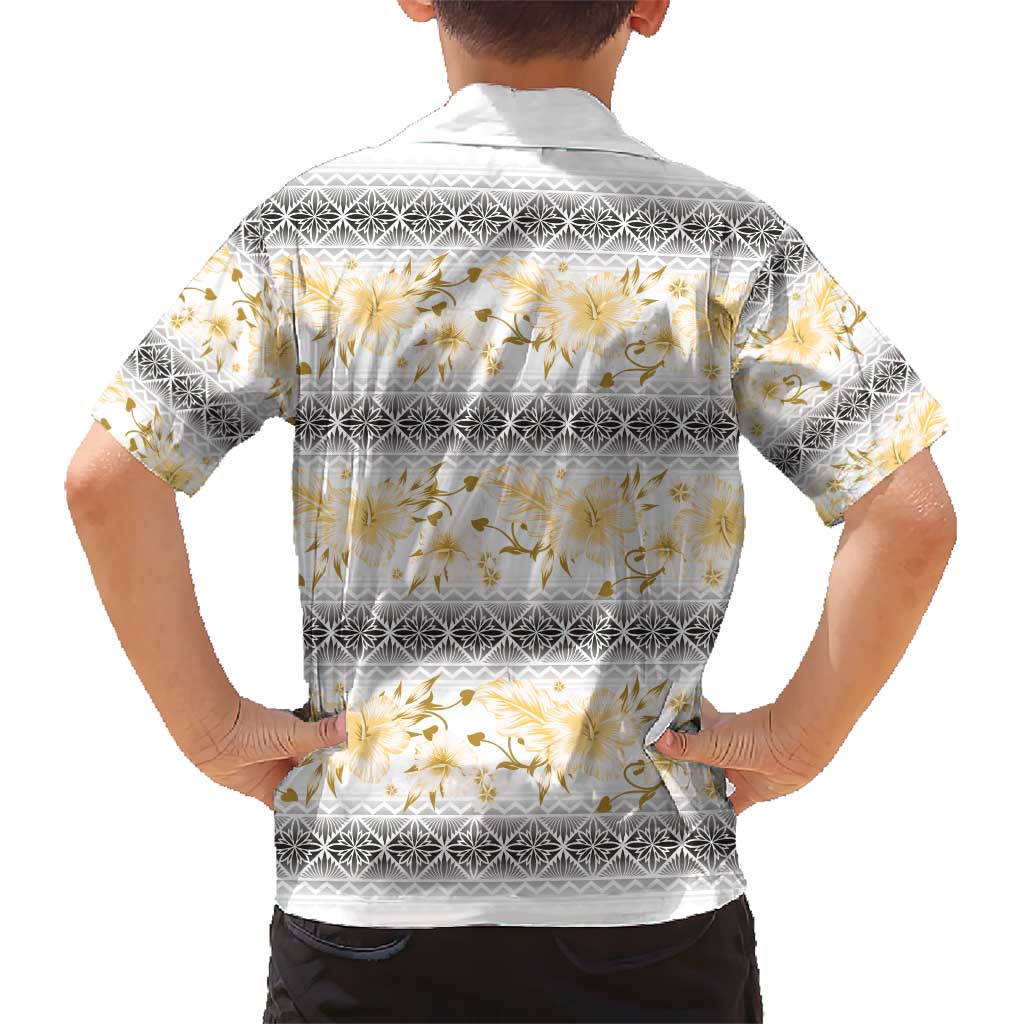 Samoa White Sunday Kid Hawaiian Shirt Samoan Tapa Yellow Hibiscus - Polynesian Pride