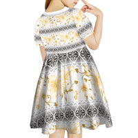 Samoa White Sunday Kid Short Sleeve Dress Samoan Tapa Yellow Hibiscus - Polynesian Pride