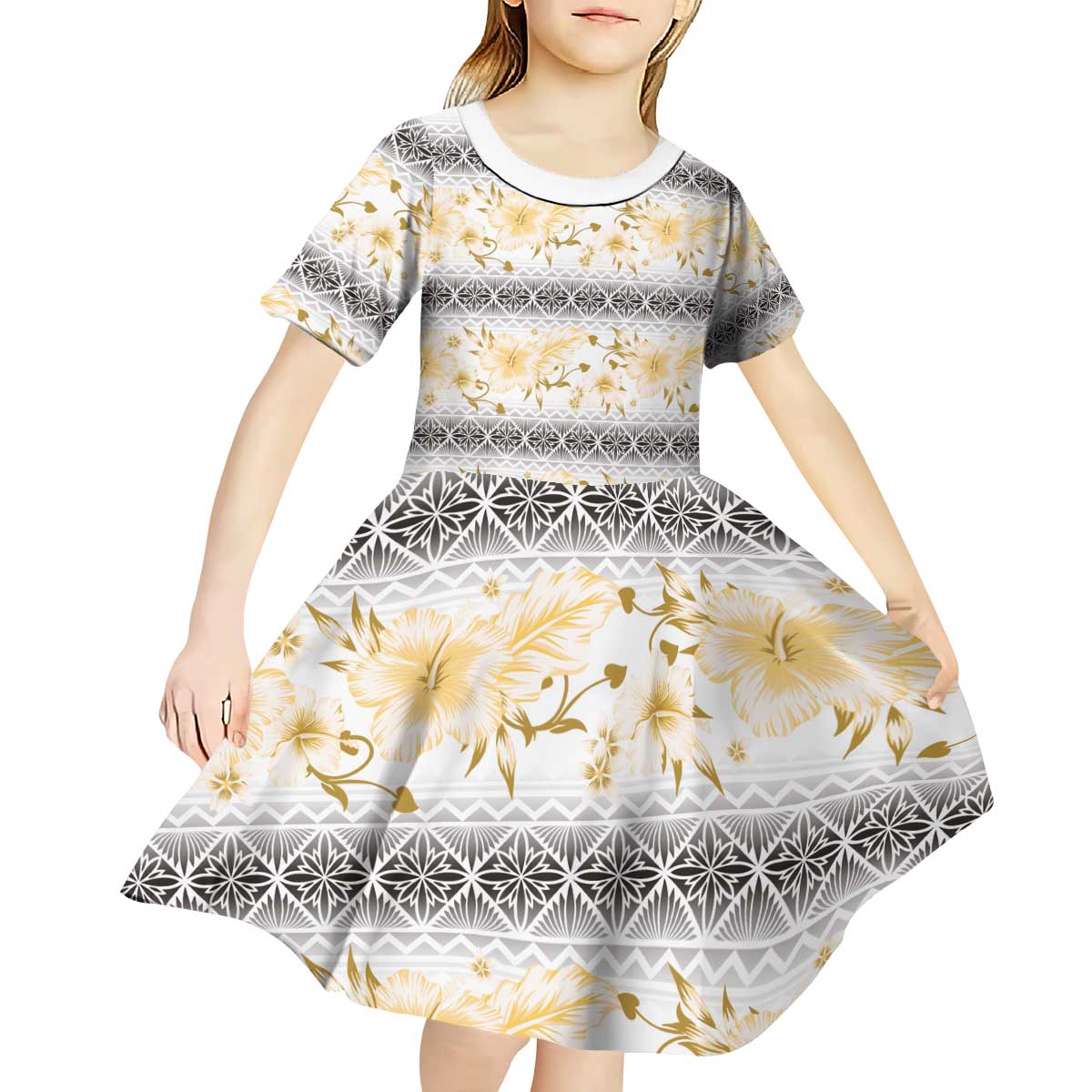 Samoa White Sunday Kid Short Sleeve Dress Samoan Tapa Yellow Hibiscus - Polynesian Pride