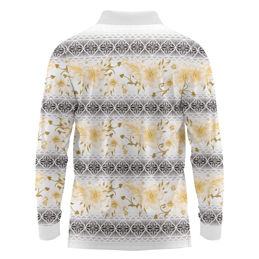 Samoa White Sunday Long Sleeve Polo Shirt Samoan Tapa Yellow Hibiscus - Polynesian Pride