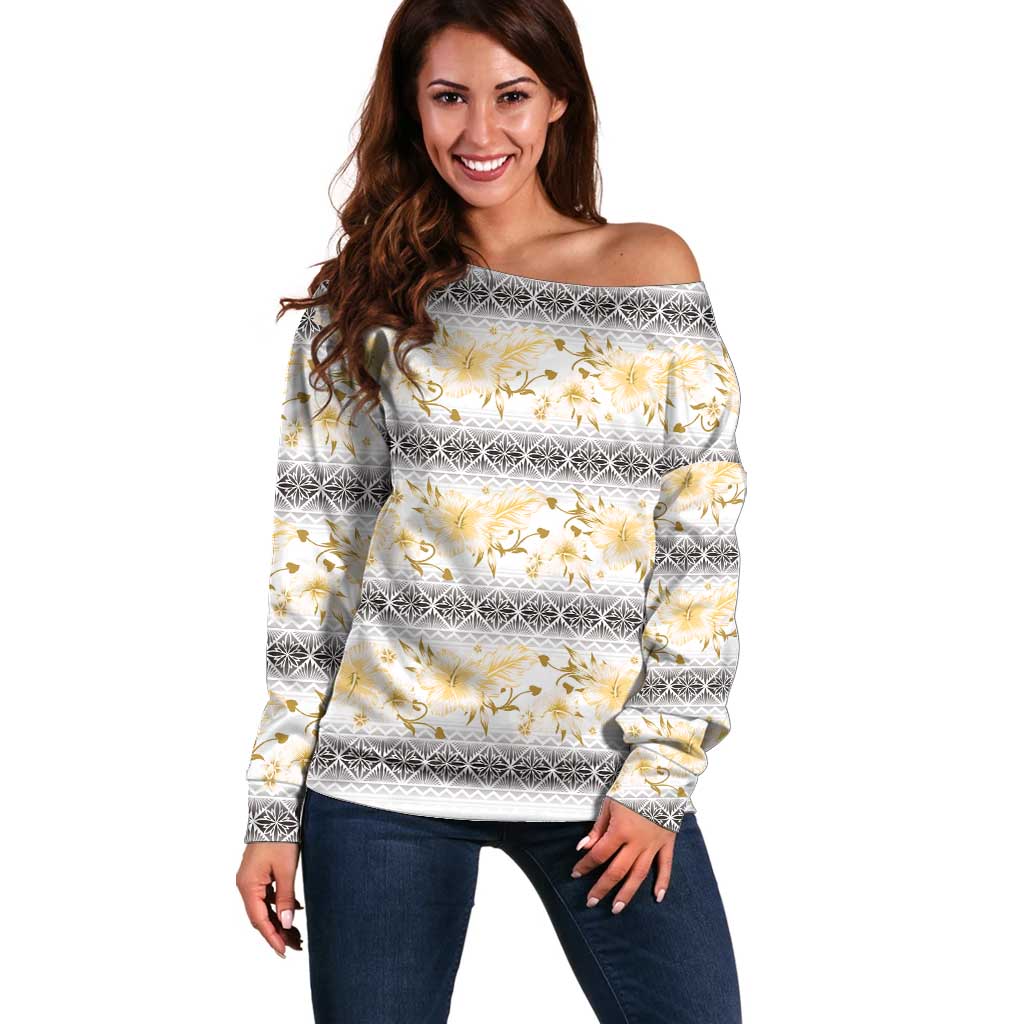 Samoa White Sunday Off Shoulder Sweater Samoan Tapa Yellow Hibiscus - Polynesian Pride