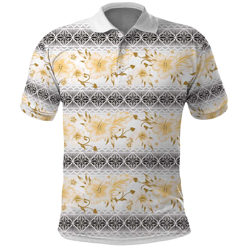 Samoa White Sunday Polo Shirt Samoan Tapa Yellow Hibiscus - Polynesian Pride
