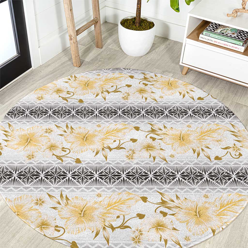 Samoa White Sunday Round Carpet Samoan Tapa Yellow Hibiscus - Polynesian Pride