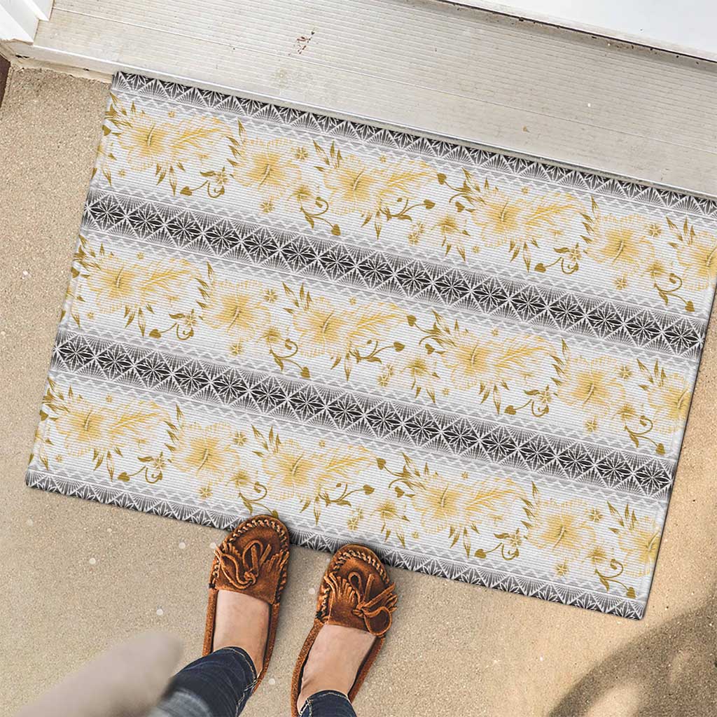 Samoa White Sunday Rubber Doormat Samoan Tapa Yellow Hibiscus - Polynesian Pride
