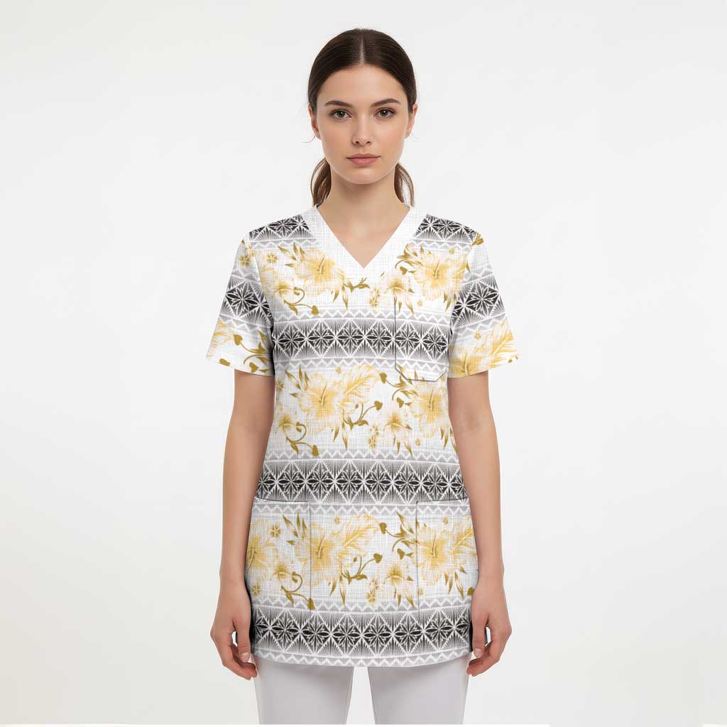 Samoa White Sunday Scrub Top Samoan Tapa Yellow Hibiscus - Polynesian Pride