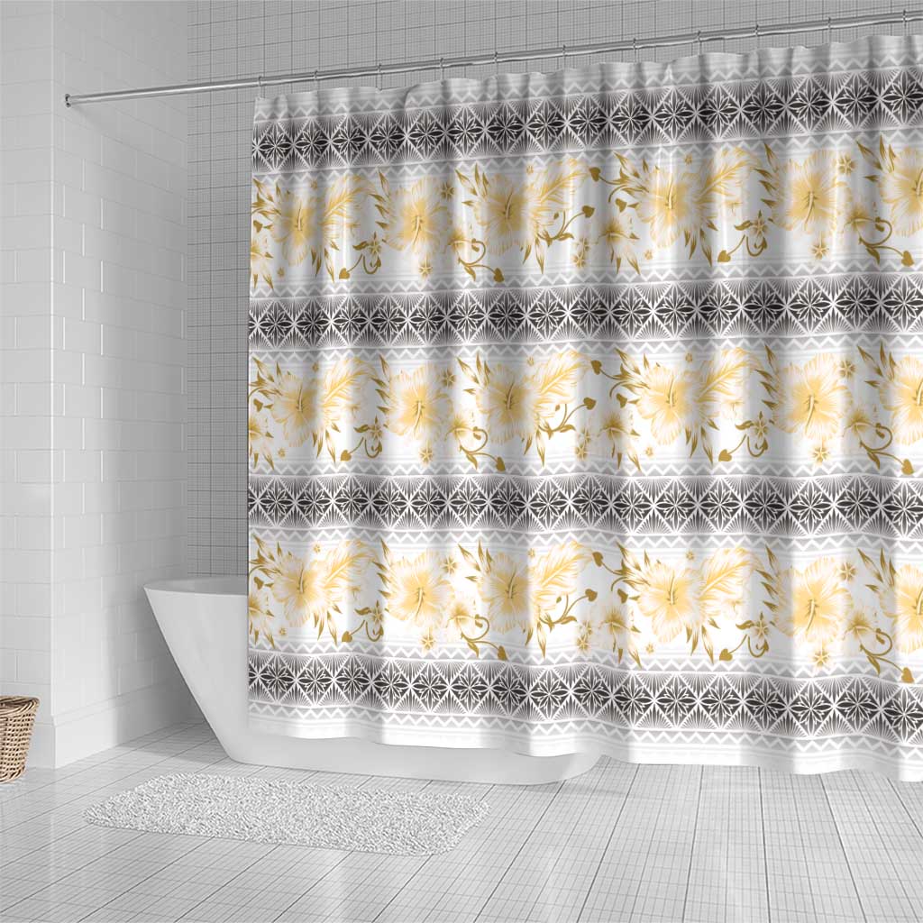 Samoa White Sunday Shower Curtain Samoan Tapa Yellow Hibiscus - Polynesian Pride