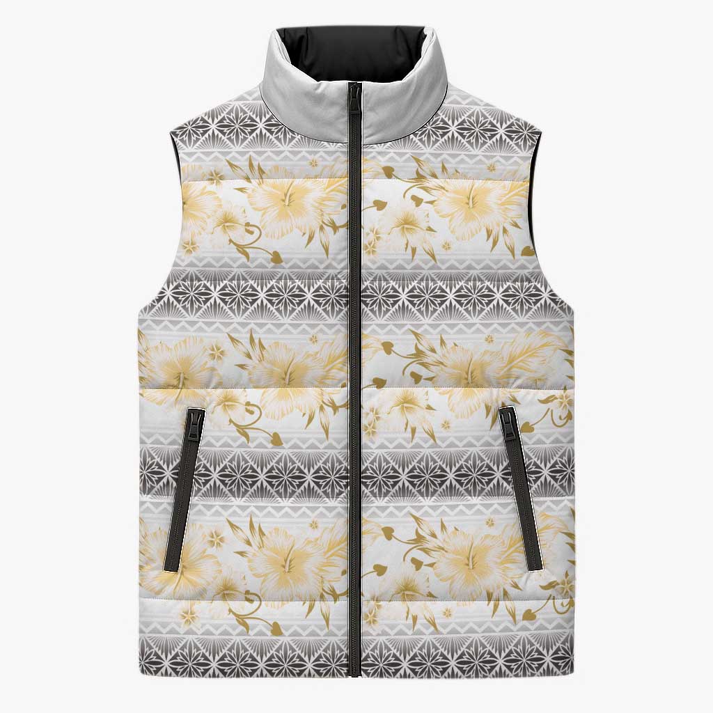 Samoa White Sunday Sleeveless Puffer Jacket Samoan Tapa Yellow Hibiscus - Polynesian Pride