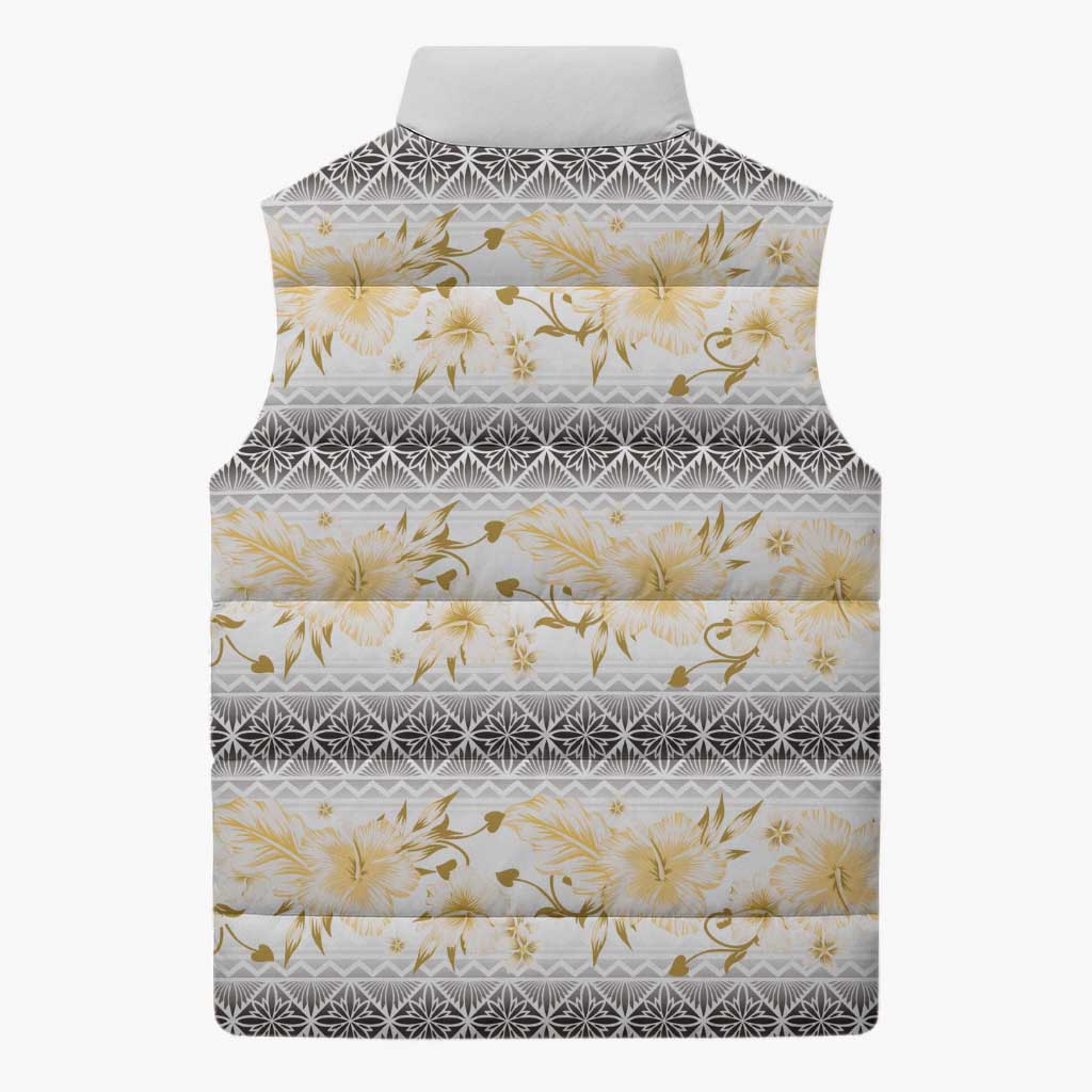 Samoa White Sunday Sleeveless Puffer Jacket Samoan Tapa Yellow Hibiscus - Polynesian Pride