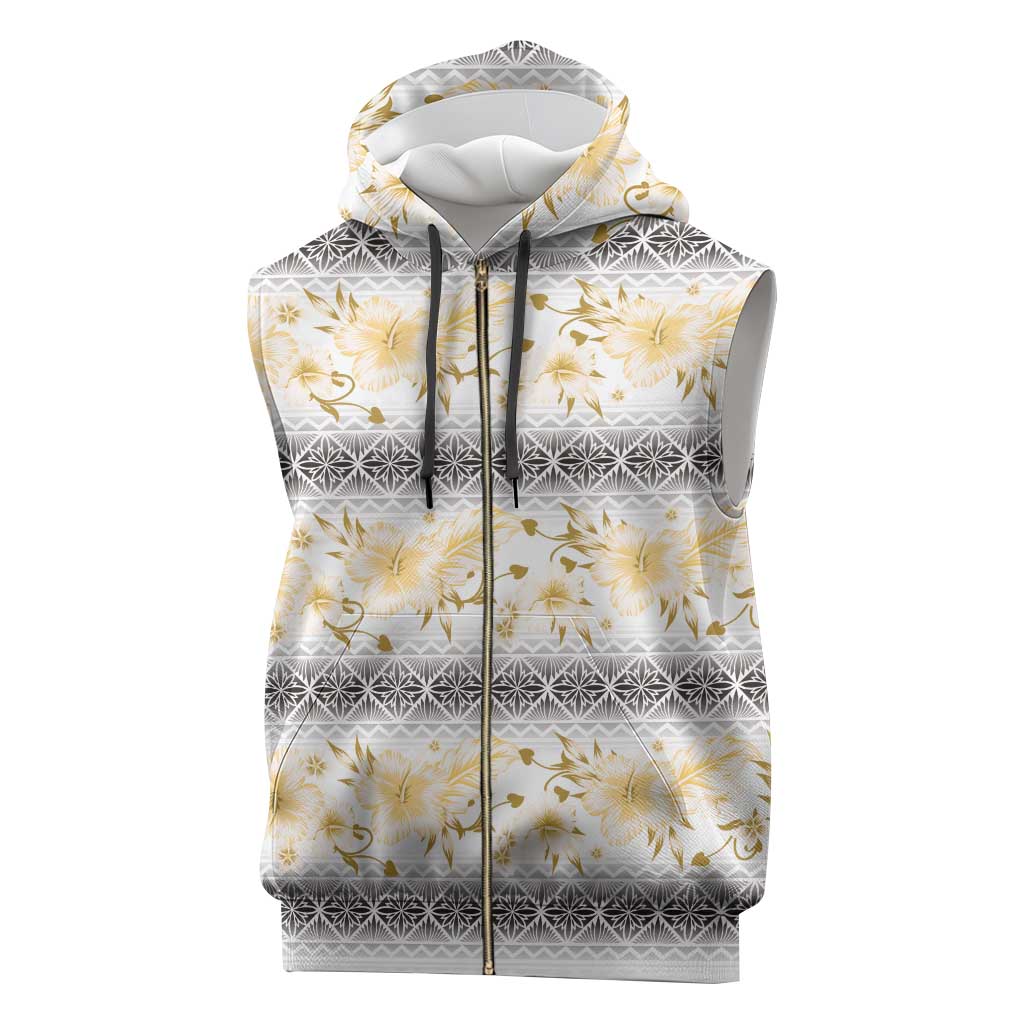Samoa White Sunday Sleeveless Zip Hoodie Samoan Tapa Yellow Hibiscus - Polynesian Pride