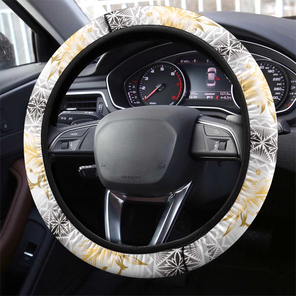 Samoa White Sunday Steering Wheel Cover Samoan Tapa Yellow Hibiscus - Polynesian Pride