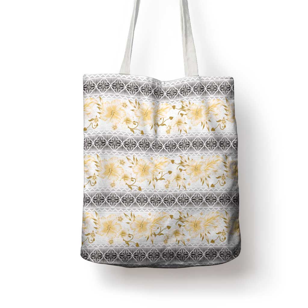 Samoa White Sunday Tote Bag Samoan Tapa Yellow Hibiscus - Polynesian Pride