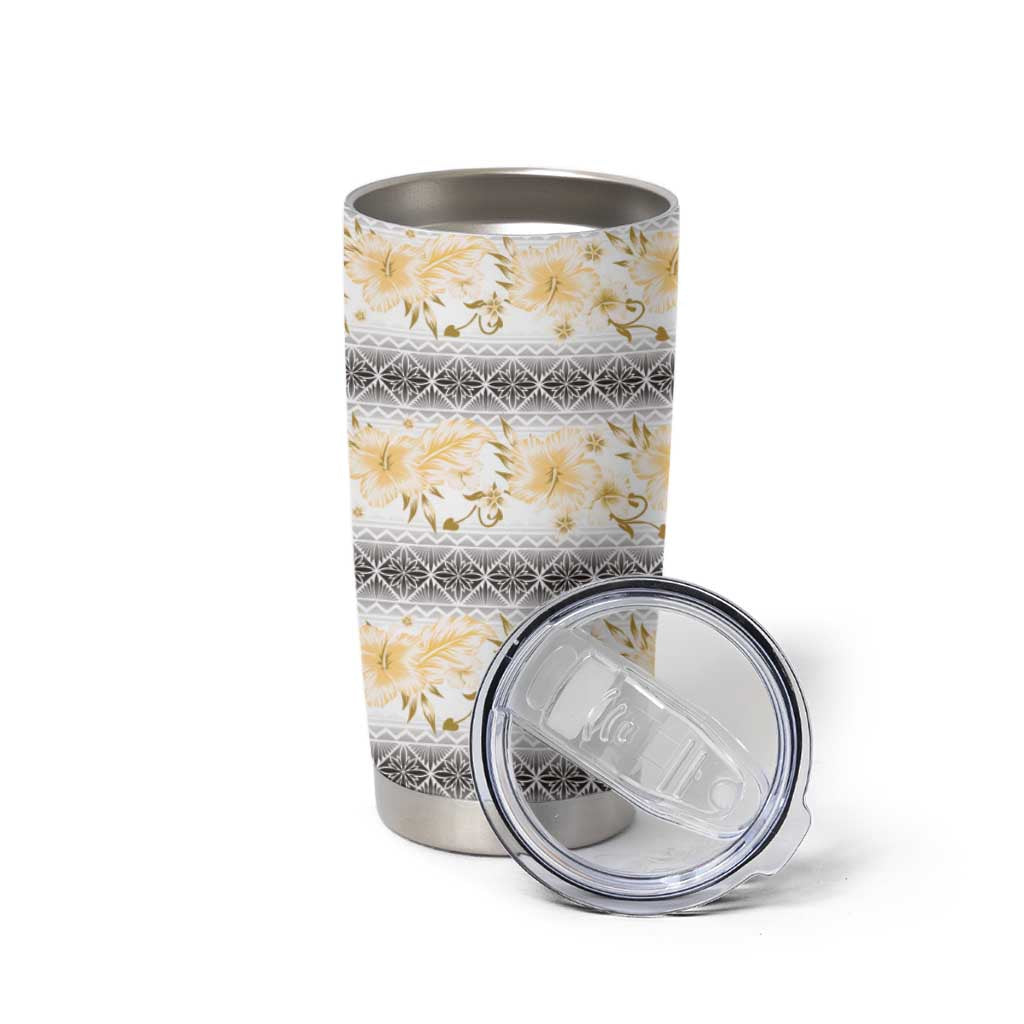 Samoa White Sunday Tumbler Cup Samoan Tapa Yellow Hibiscus - Polynesian Pride