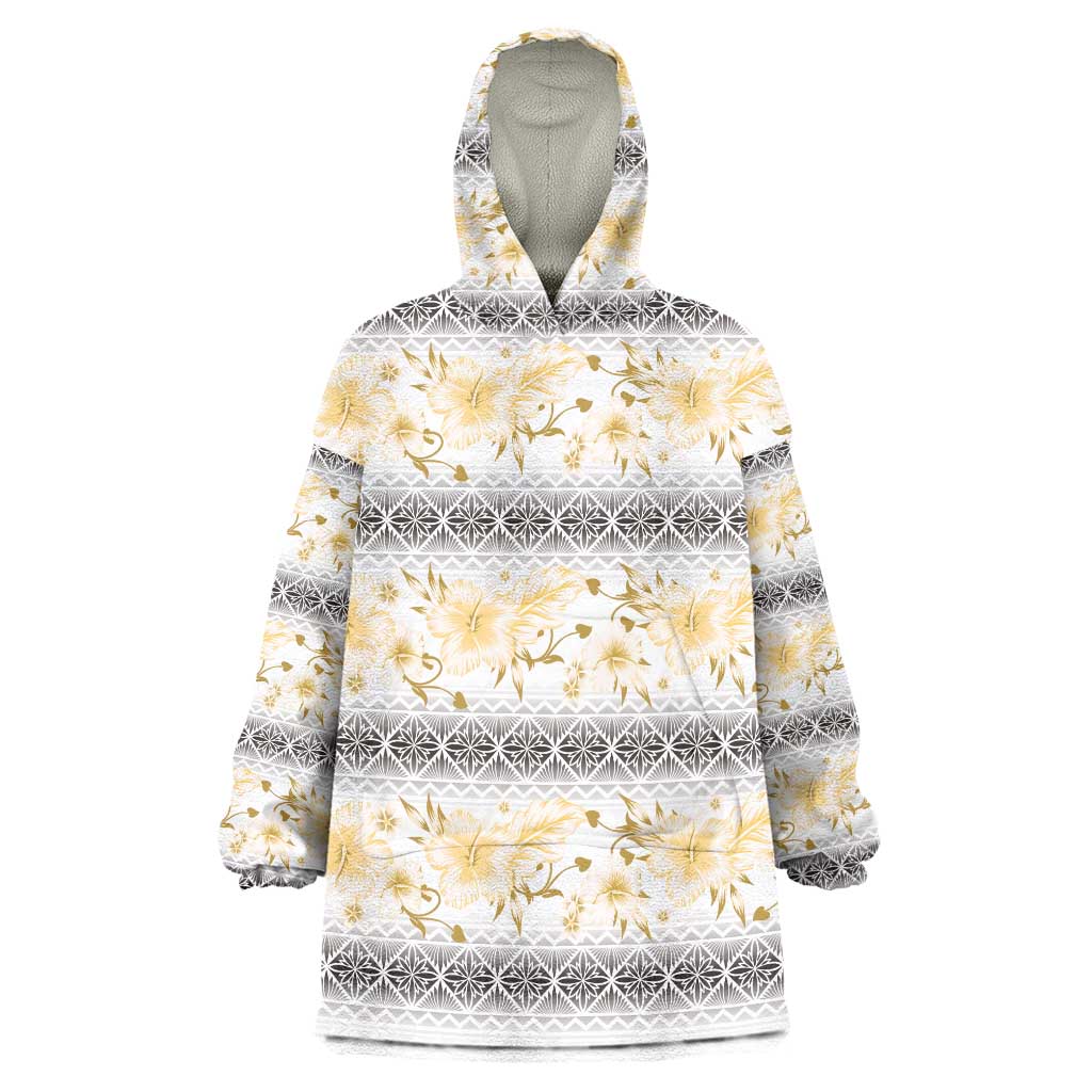 Samoa White Sunday Wearable Blanket Hoodie Samoan Tapa Yellow Hibiscus - Polynesian Pride