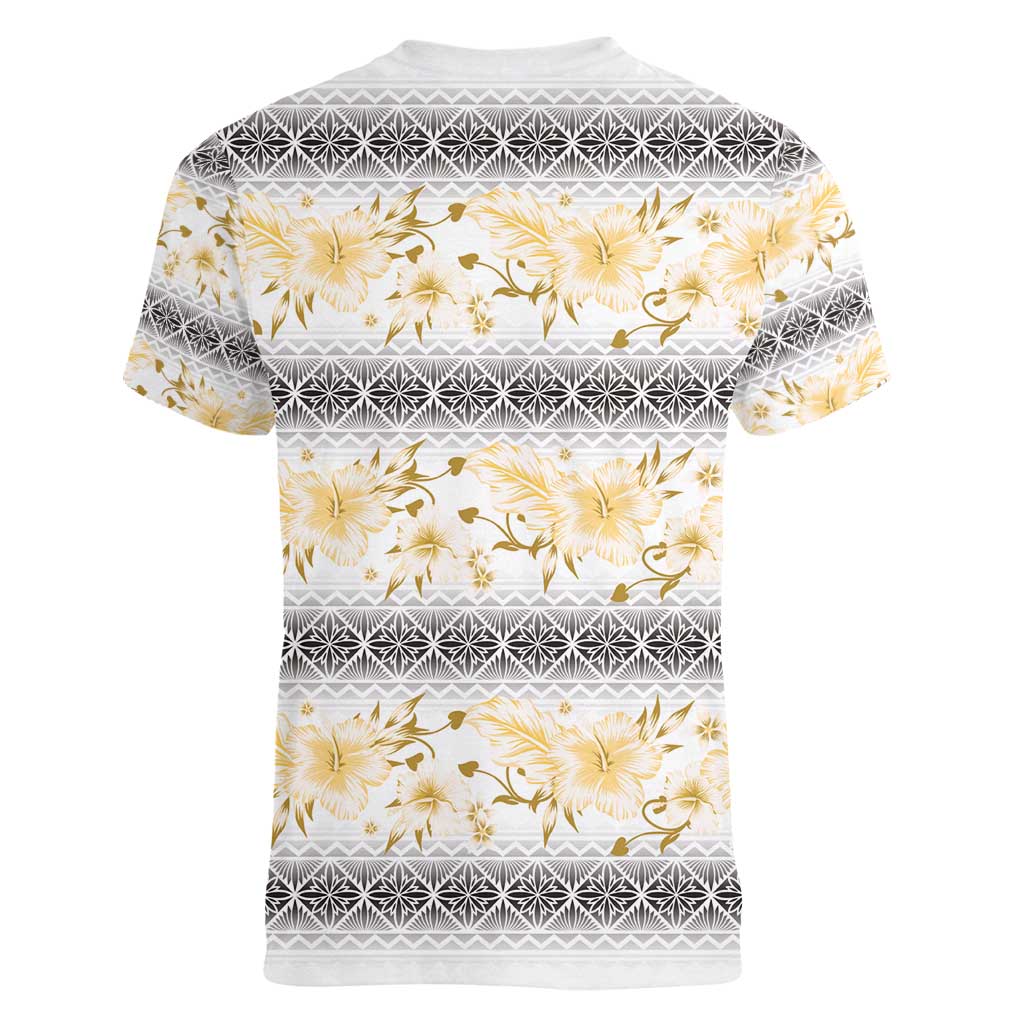 Samoa White Sunday Women V-Neck T-Shirt Samoan Tapa Yellow Hibiscus - Polynesian Pride