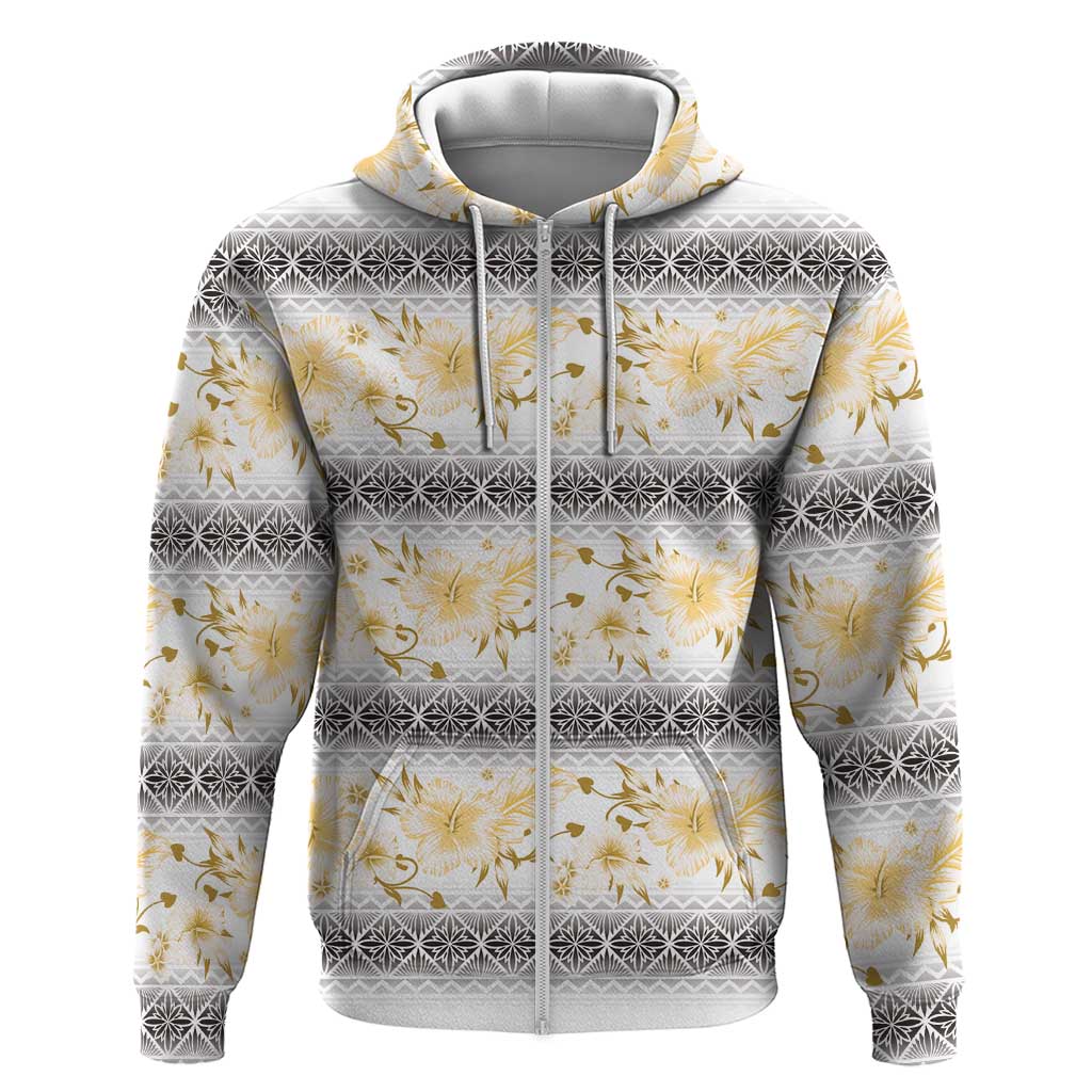 Samoa White Sunday Zip Hoodie Samoan Tapa Yellow Hibiscus - Polynesian Pride