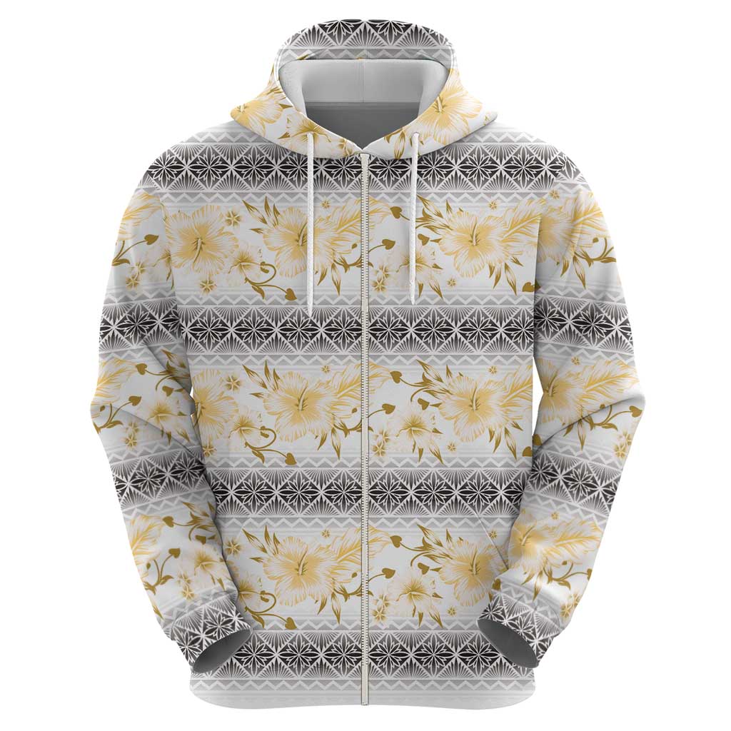 Samoa White Sunday Zip Hoodie Samoan Tapa Yellow Hibiscus - Polynesian Pride