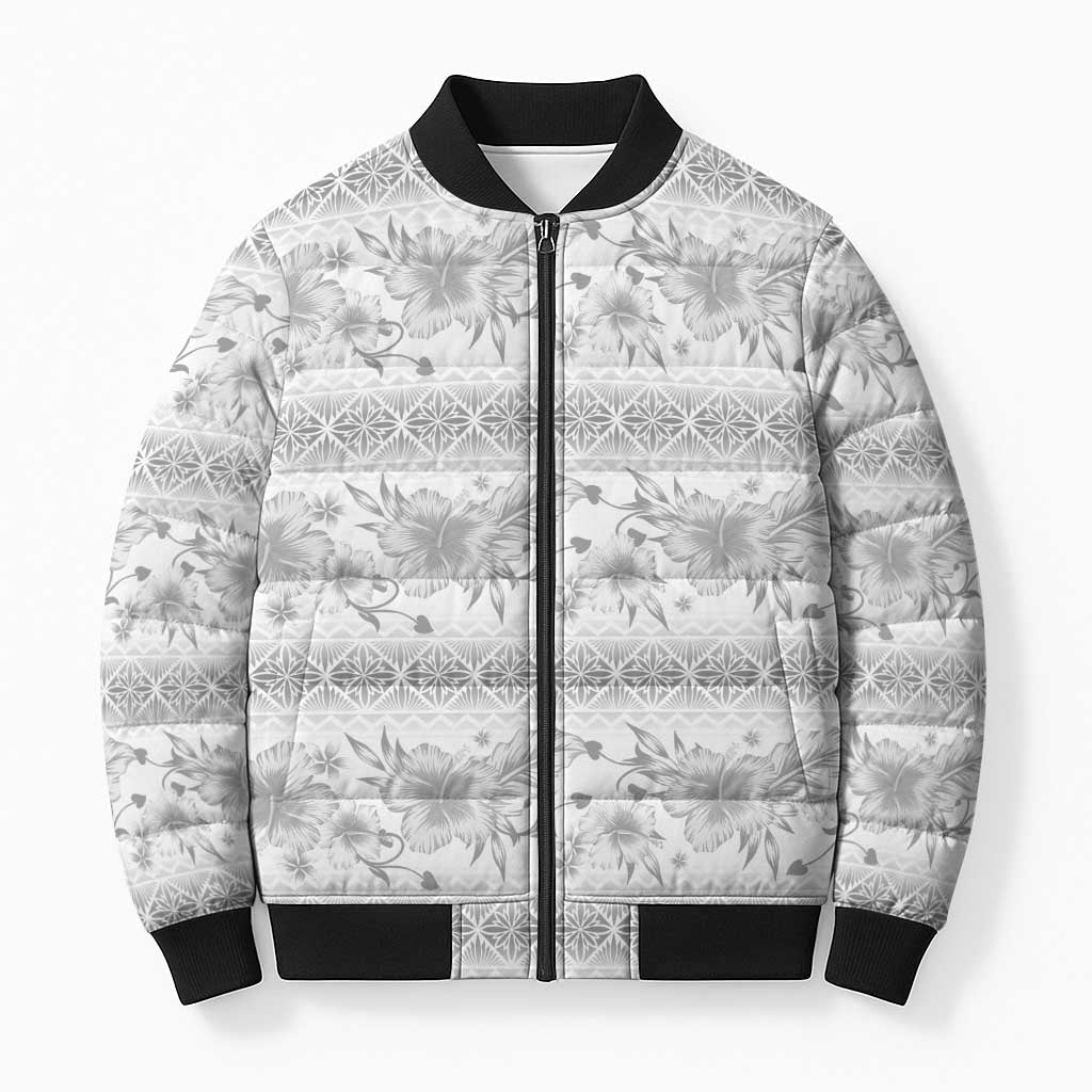 Samoa White Sunday Bomber Puffer Jacket Samoan Tapa White Hibiscus - Polynesian Pride