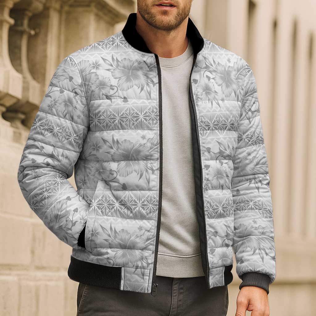 Samoa White Sunday Bomber Puffer Jacket Samoan Tapa White Hibiscus - Polynesian Pride