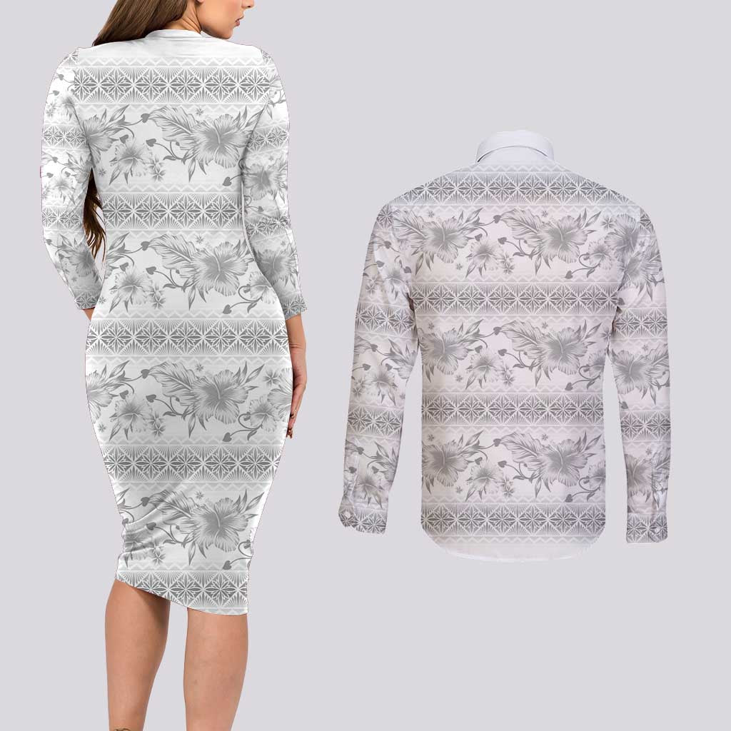 Samoa White Sunday Couples Matching Long Sleeve Bodycon Dress and Long Sleeve Button Shirt Samoan Tapa White Hibiscus - Polynesian Pride