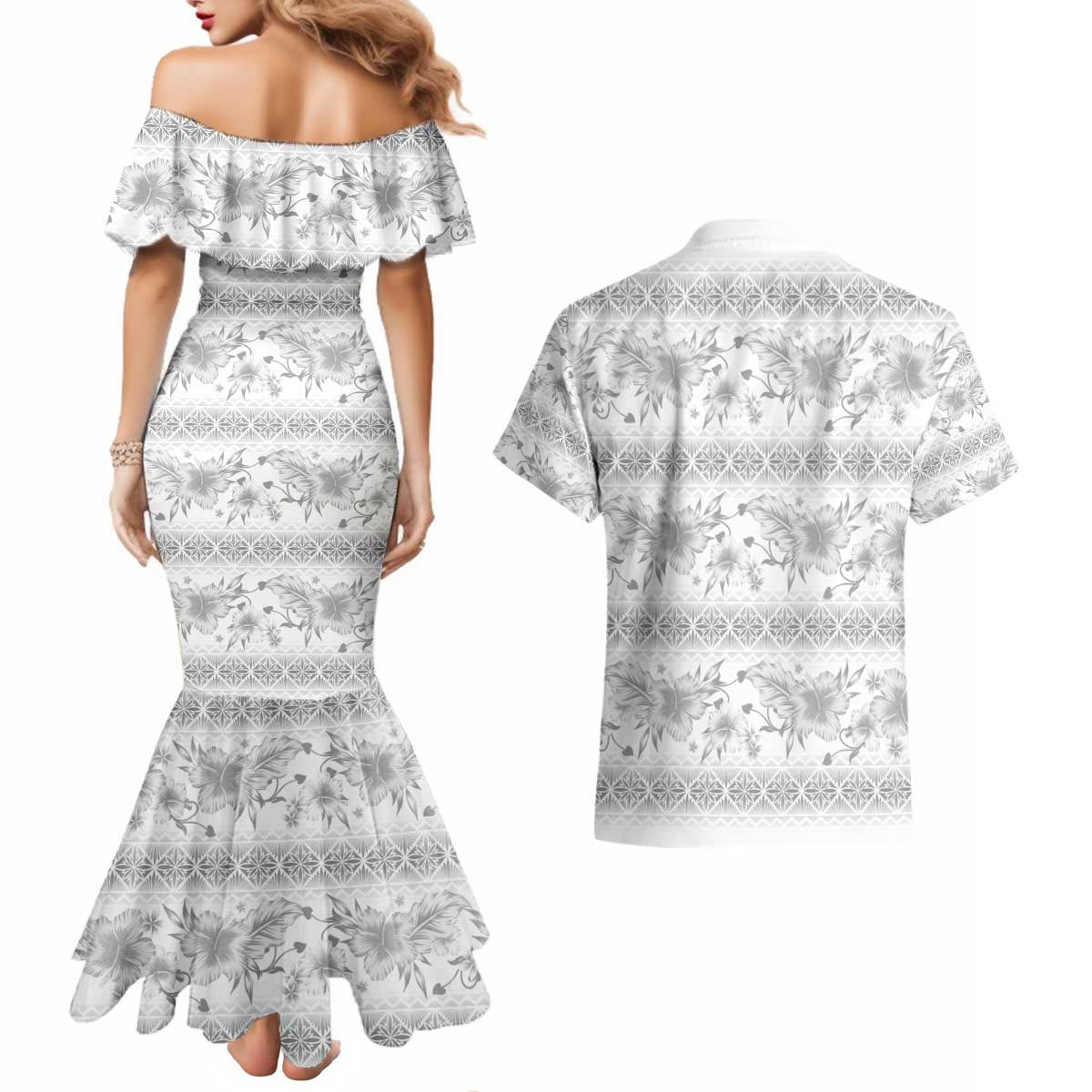 Samoa White Sunday Couples Matching Mermaid Dress and Hawaiian Shirt Samoan Tapa White Hibiscus - Polynesian Pride