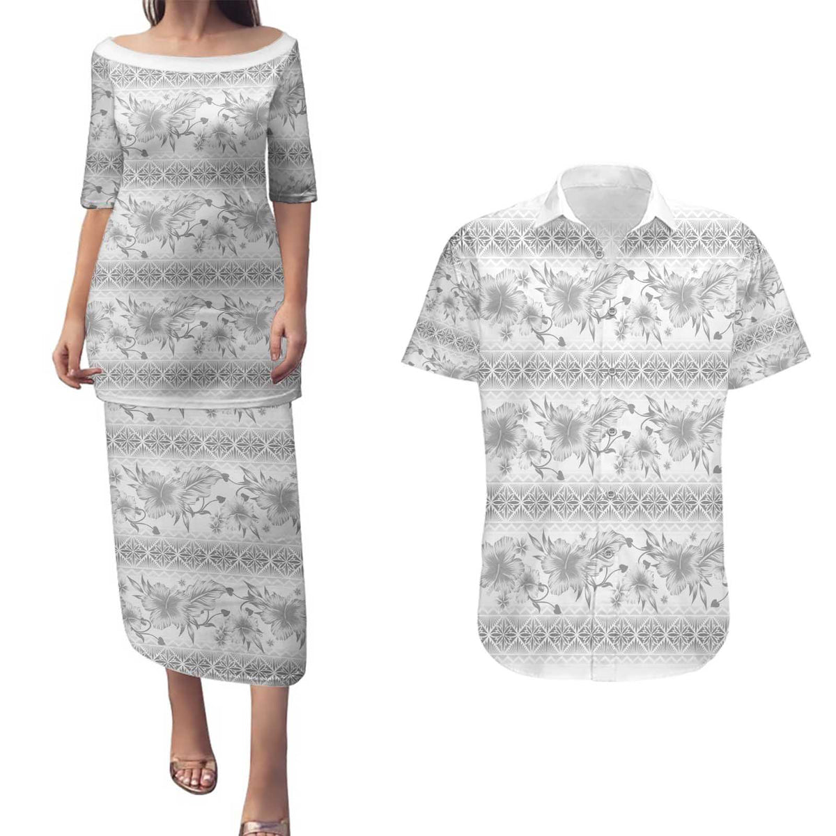 Samoa White Sunday Couples Matching Puletasi and Hawaiian Shirt Samoan Tapa White Hibiscus - Polynesian Pride