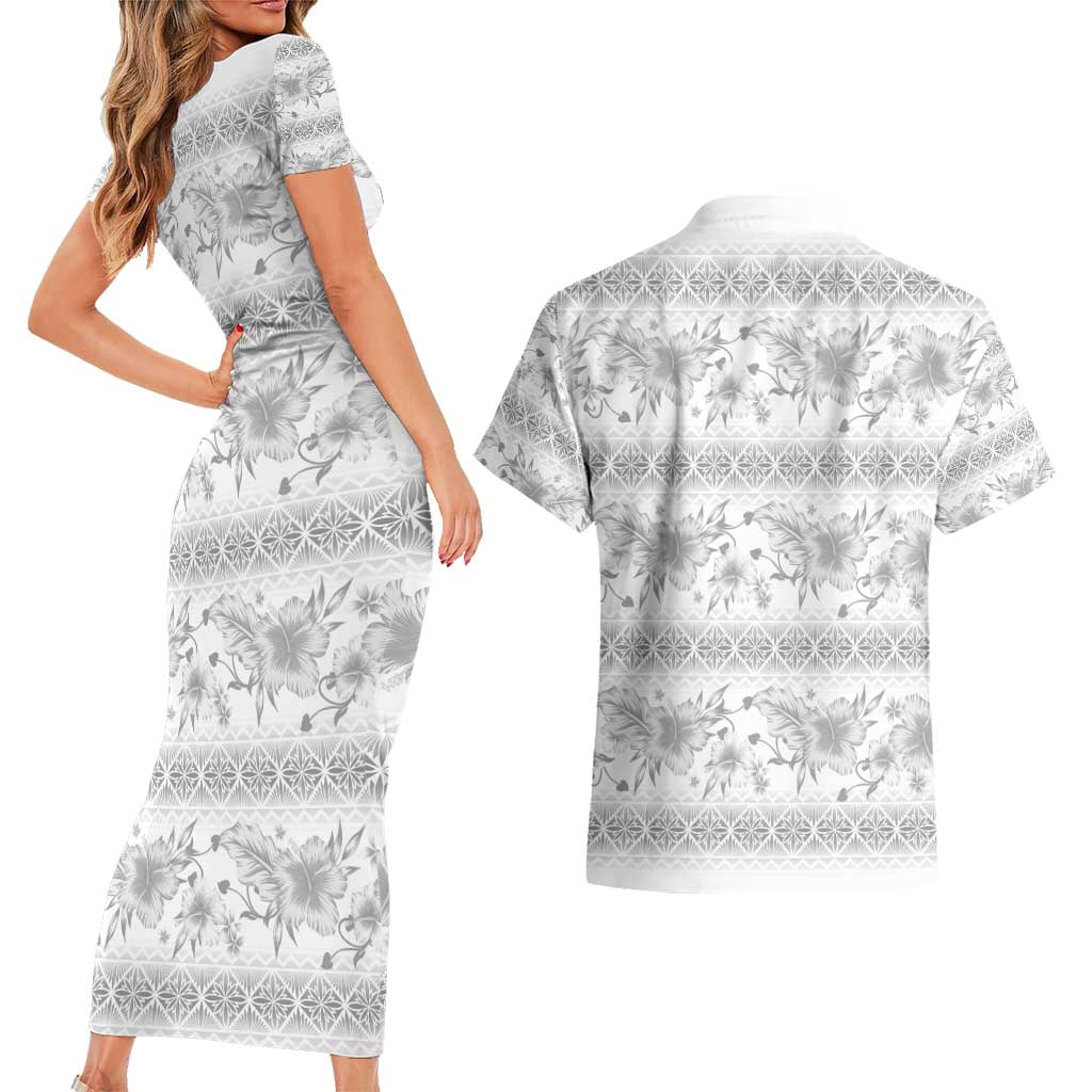 Samoa White Sunday Couples Matching Short Sleeve Bodycon Dress and Hawaiian Shirt Samoan Tapa White Hibiscus - Polynesian Pride