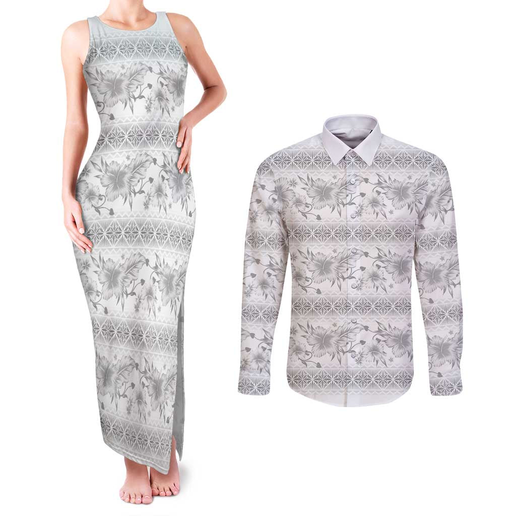 Samoa White Sunday Couples Matching Tank Maxi Dress and Long Sleeve Button Shirt Samoan Tapa White Hibiscus - Polynesian Pride