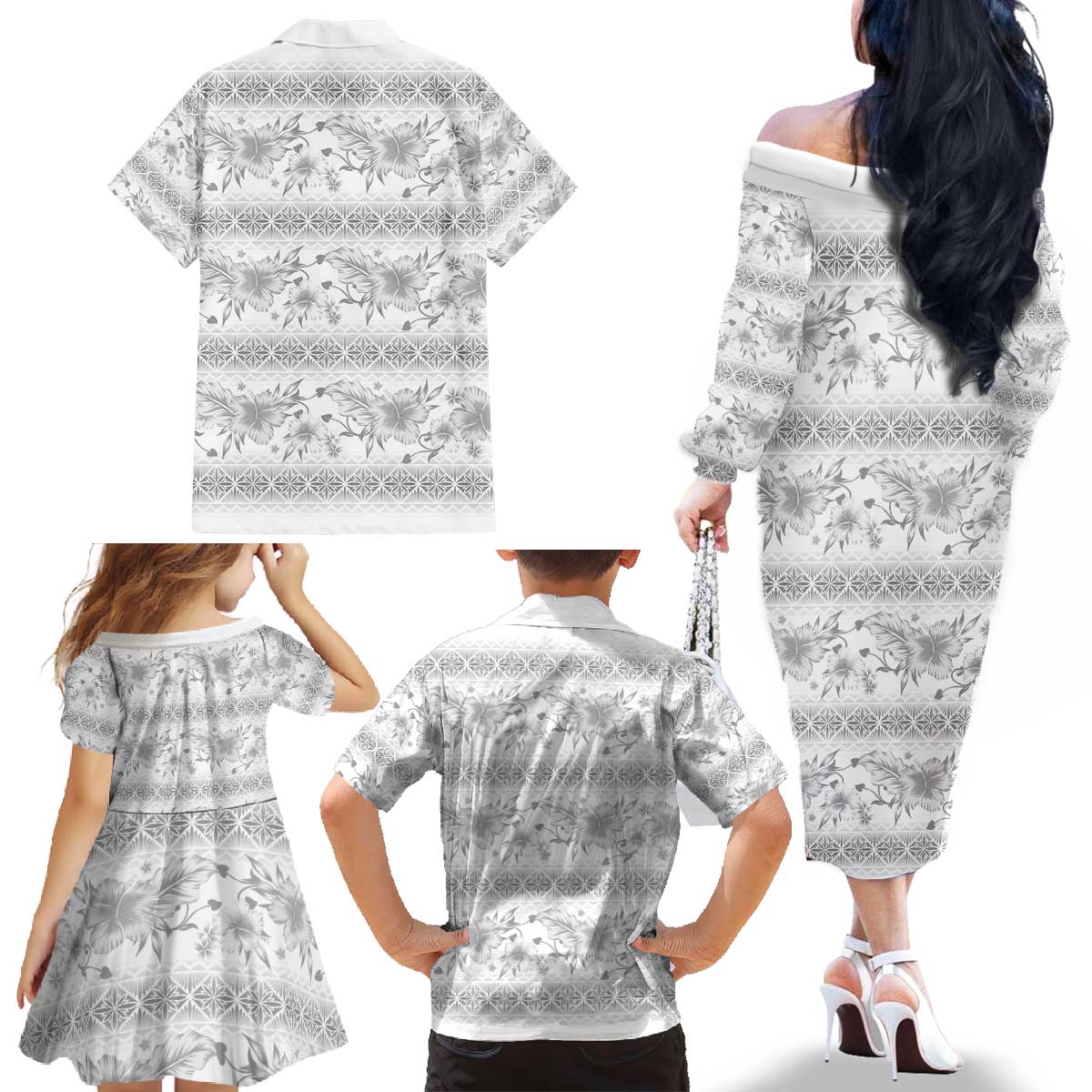 Samoa White Sunday Family Matching Off The Shoulder Long Sleeve Dress and Hawaiian Shirt Samoan Tapa White Hibiscus - Polynesian Pride