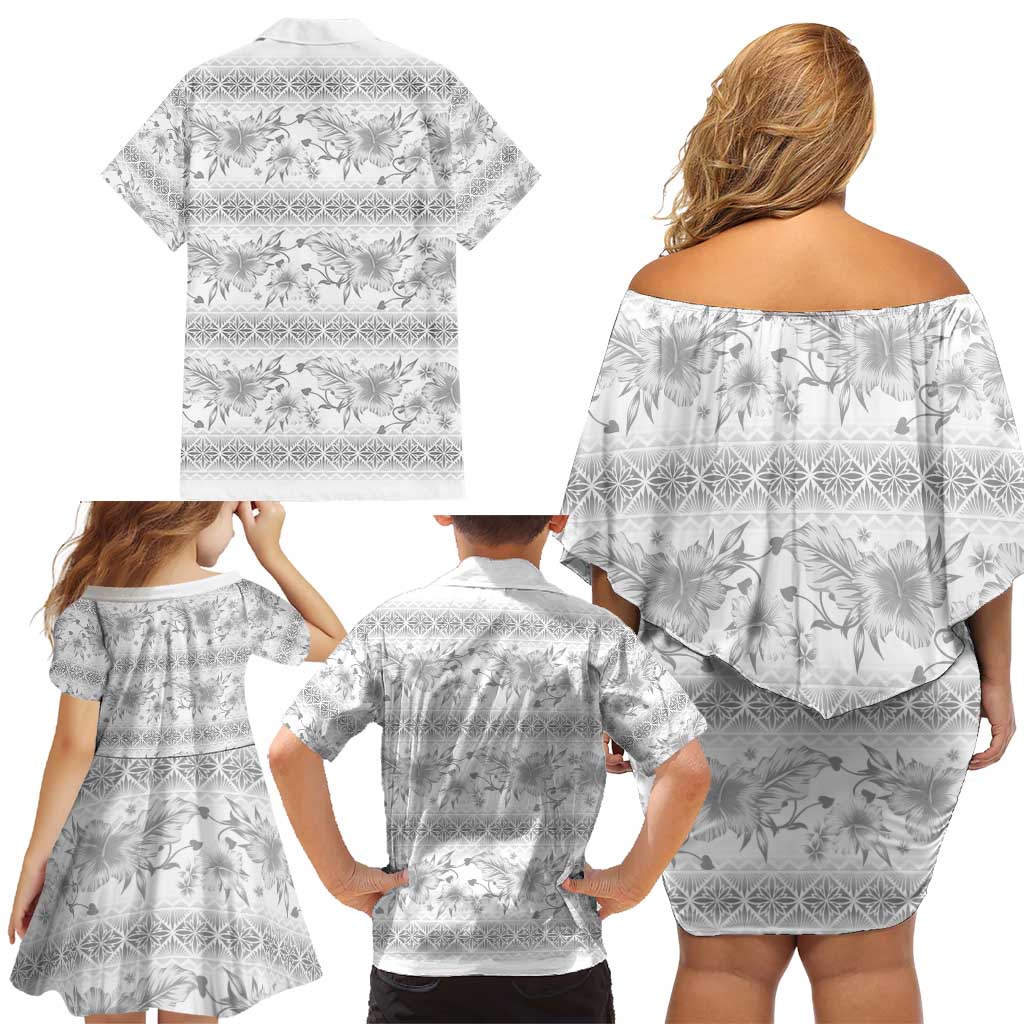 Samoa White Sunday Family Matching Off Shoulder Short Dress and Hawaiian Shirt Samoan Tapa White Hibiscus - Polynesian Pride