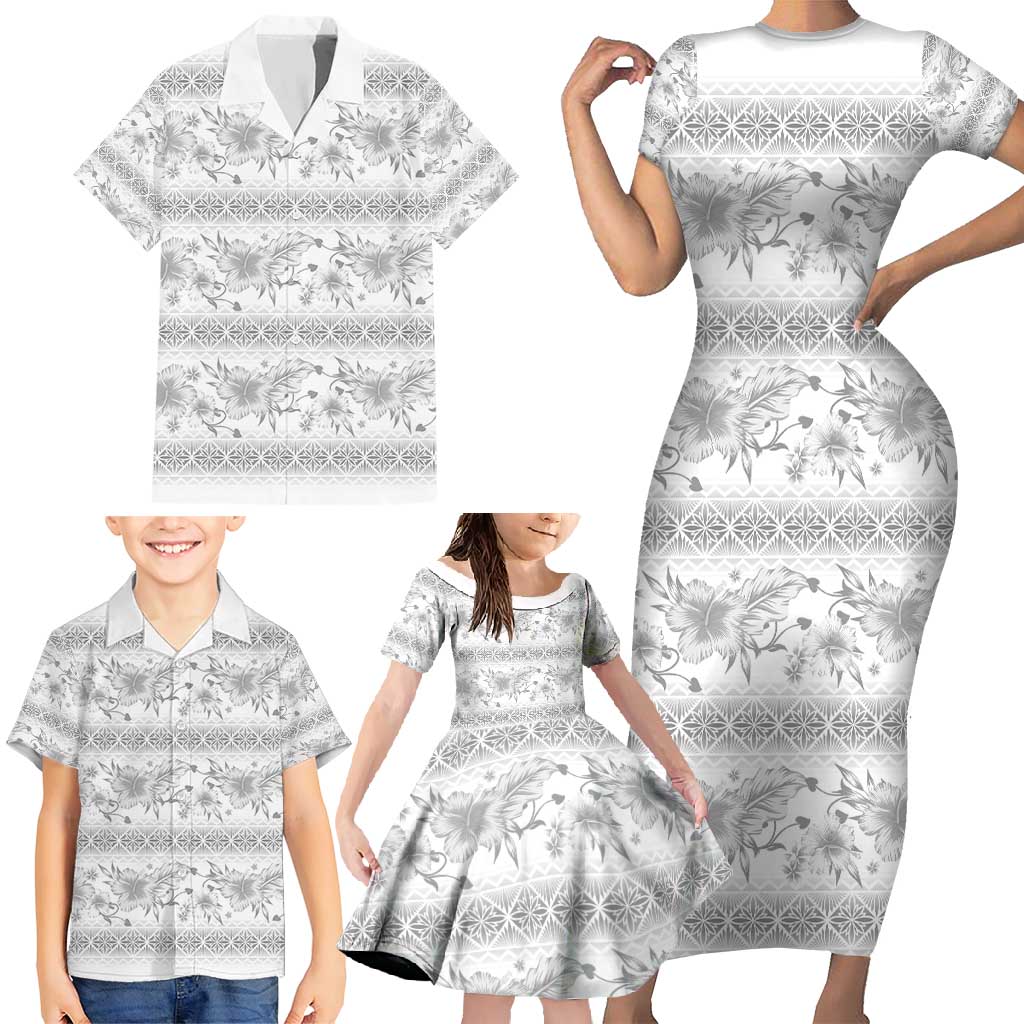 Samoa White Sunday Family Matching Short Sleeve Bodycon Dress and Hawaiian Shirt Samoan Tapa White Hibiscus - Polynesian Pride