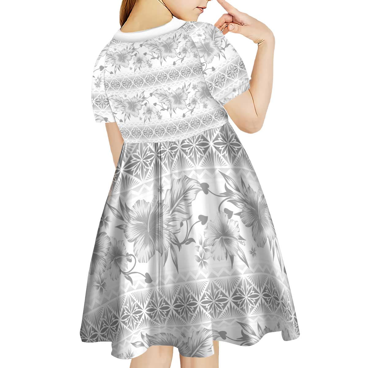 Samoa White Sunday Kid Short Sleeve Dress Samoan Tapa White Hibiscus - Polynesian Pride