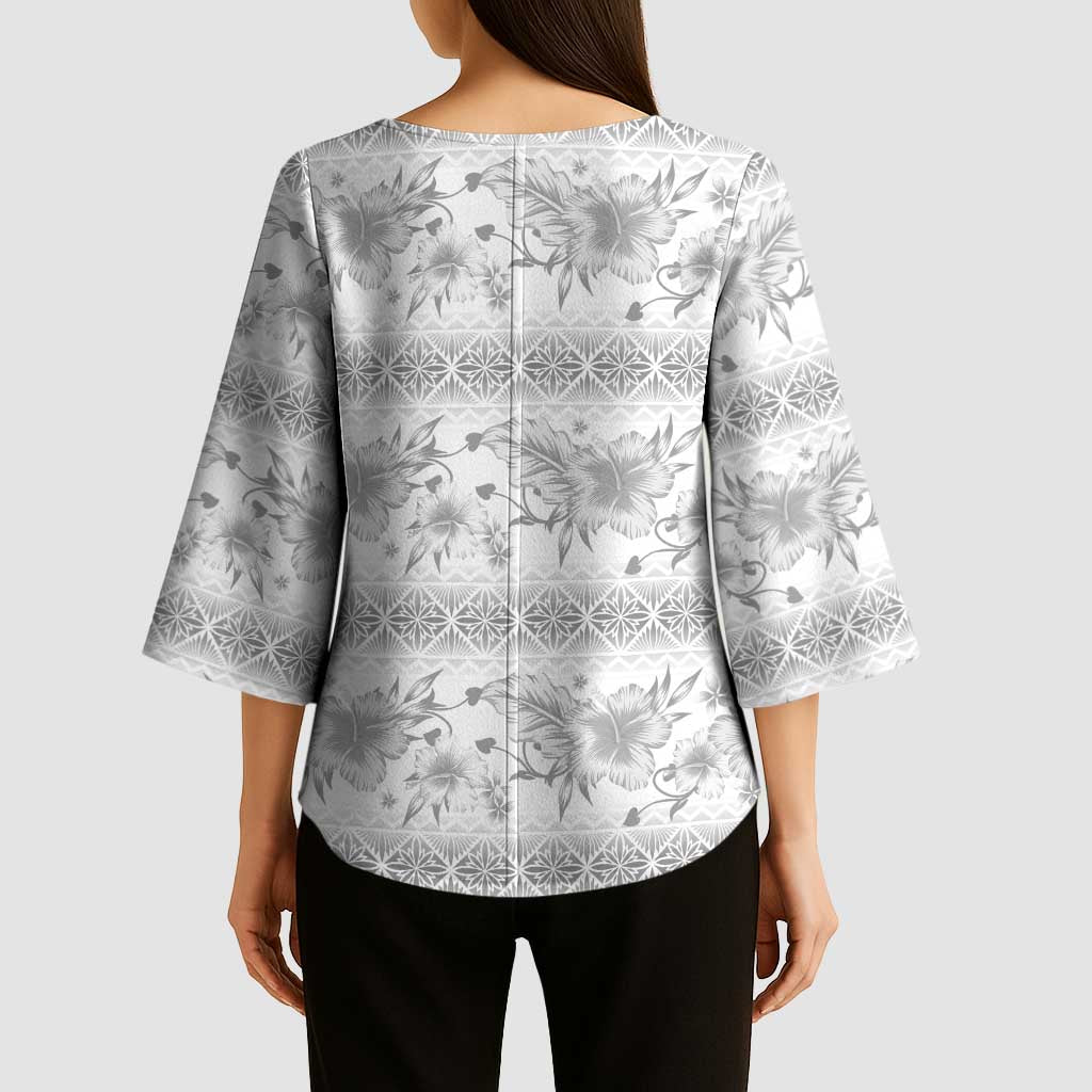 Samoa White Sunday Kimono Sleeve Blouse Samoan Tapa White Hibiscus - Polynesian Pride