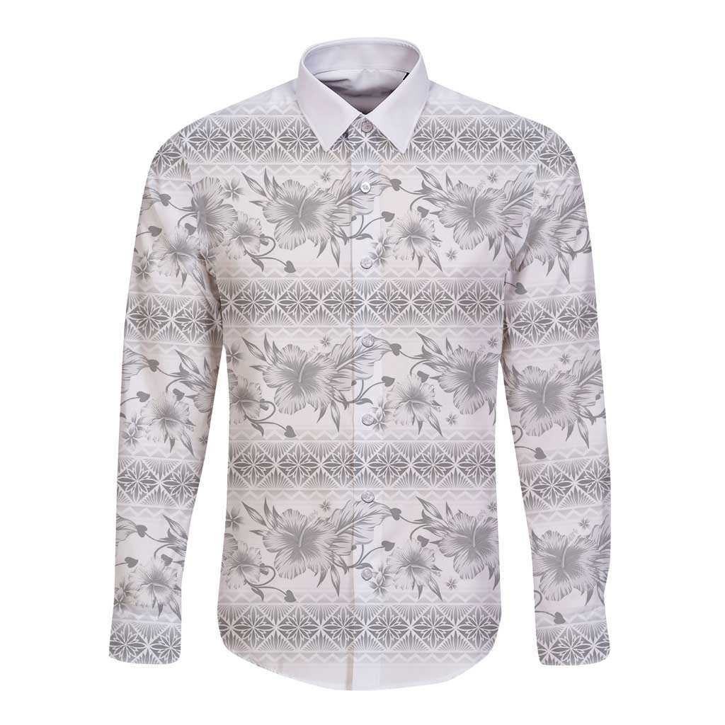 Samoa White Sunday Long Sleeve Button Shirt Samoan Tapa White Hibiscus - Polynesian Pride