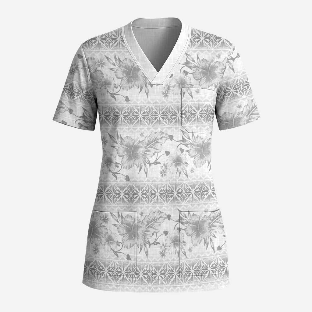 Samoa White Sunday Scrub Top Samoan Tapa White Hibiscus - Polynesian Pride